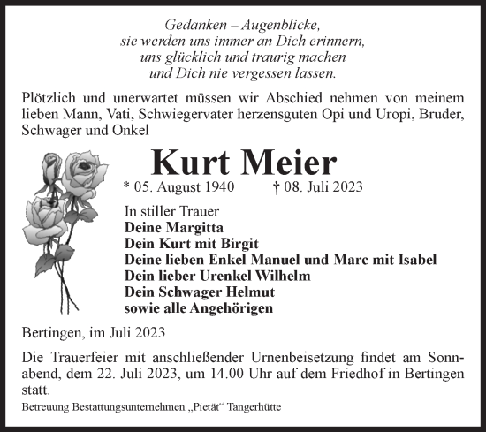Traueranzeige von Kurt Meier von Volksstimme Altmark Ost