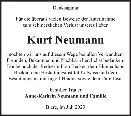 Traueranzeige von Kurt Neumann von Volksstimme Schönebeck