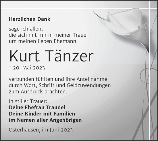 Traueranzeige von Kurt Tänzer von Trauerkombi Merseburg