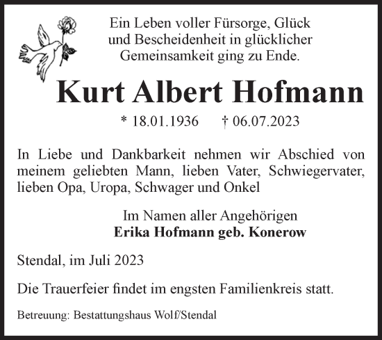Traueranzeige von Kurt Albert Hofmann von Volksstimme Altmark Ost