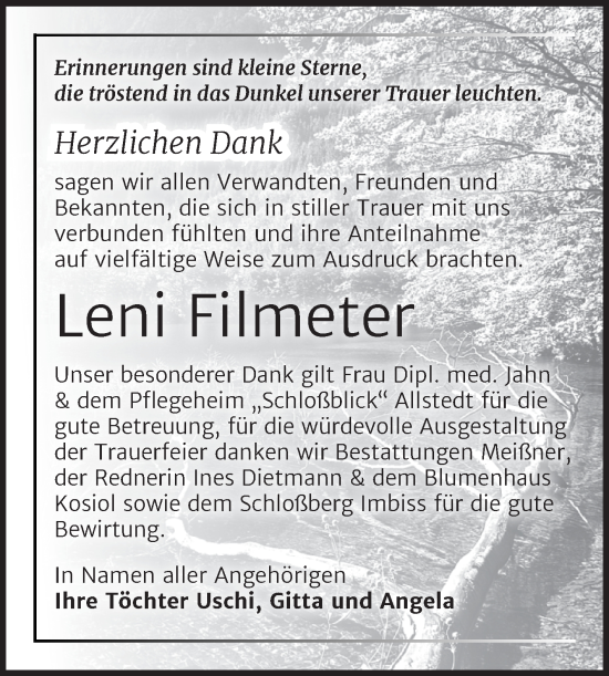 Traueranzeige von Leni Filmeter von Trauerkombi Sangerhausen