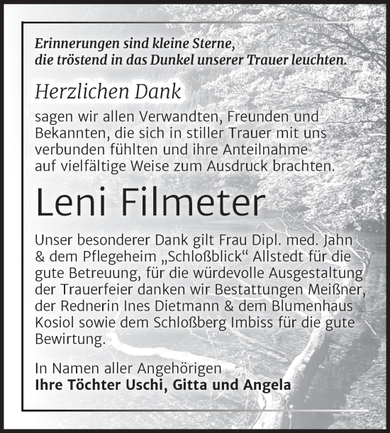 Traueranzeige von Leni Filmeter von Trauerkombi Sangerhausen