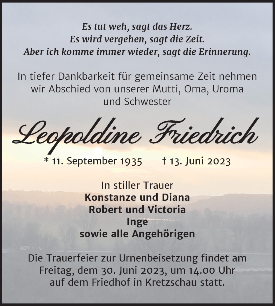 Traueranzeige von Leopoldine Friedrich von Trauerkombi Zeitz