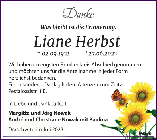 Traueranzeige von Liane Herbst von Trauerkombi Zeitz