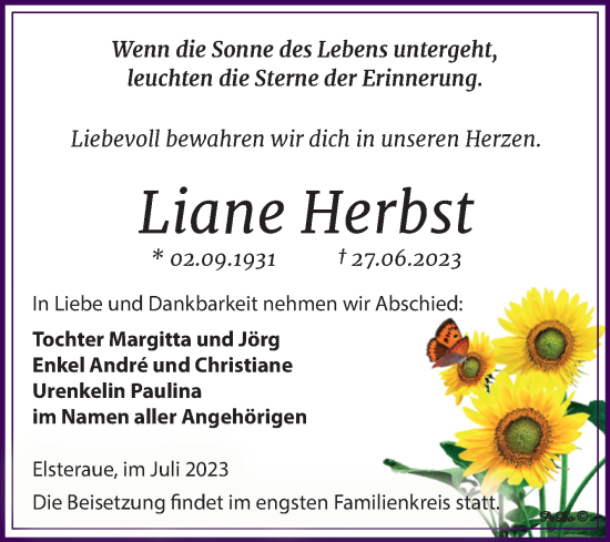 Traueranzeige von Liane Herbst von Trauerkombi Zeitz