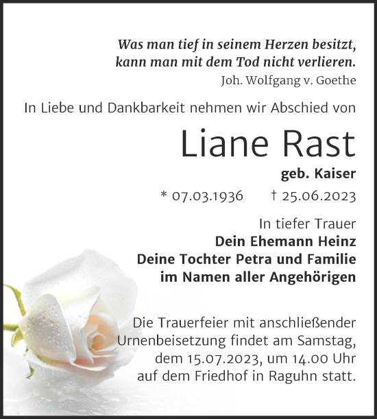 Traueranzeige von Liane Rast von Trauerkombi Bitterfeld