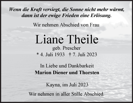 Traueranzeige von Liane Theile von Trauerkombi Zeitz