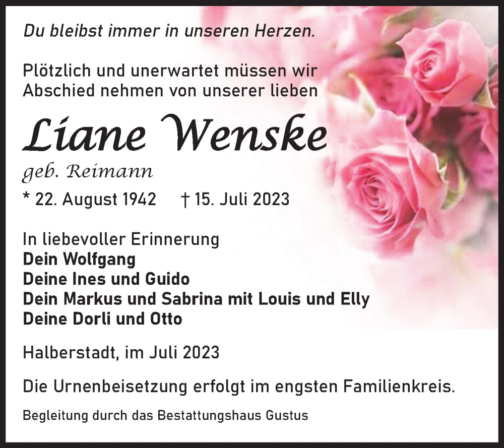  Traueranzeige für Liane Wenske vom 22.07.2023 aus Volksstimme Halberstadt