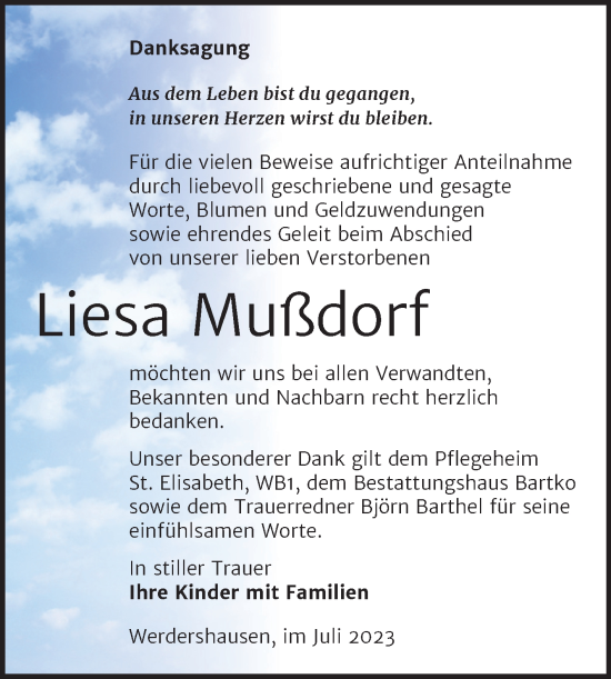 Traueranzeige von Liesa Mußdorf von Trauerkombi Köthen