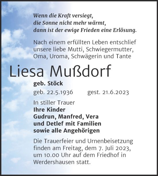 Traueranzeige von Liesa Mußdorf von Trauerkombi Köthen
