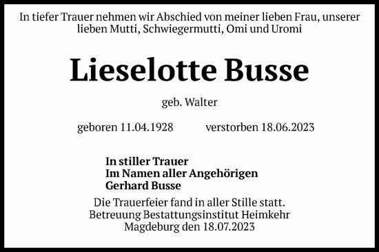 Traueranzeige von Lieselotte Busse von Volksstimme Magdeburg