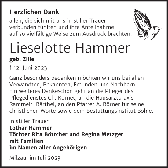 Traueranzeige von Lieselotte Hammer von Trauerkombi Merseburg