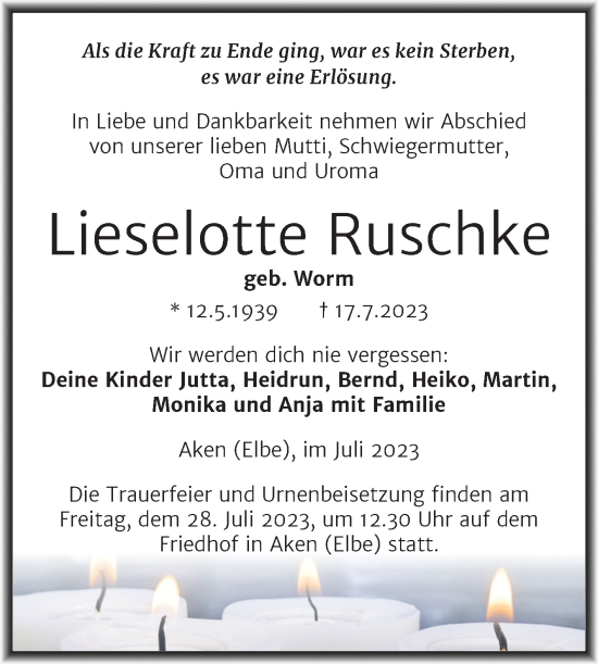 Traueranzeige von Lieselotte Ruschke von Trauerkombi Köthen