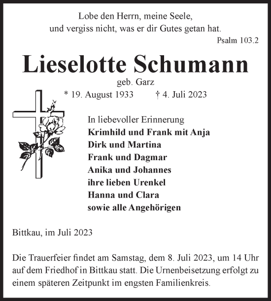 Traueranzeige von Lieselotte Schumann von Volksstimme Altmark Ost