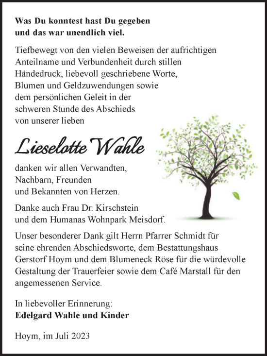 Traueranzeige von Lieselotte Wahle von Trauerkombi Aschersleben
