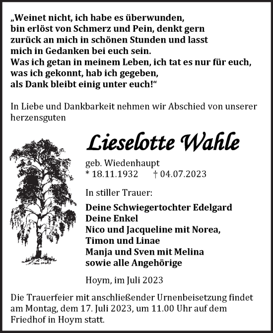 Traueranzeige von Lieselotte Wahle von Trauerkombi Aschersleben