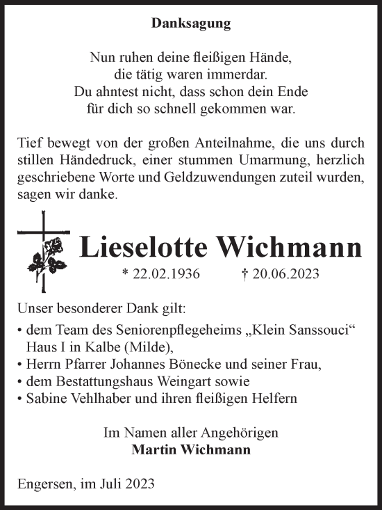 Traueranzeige von Lieselotte Wichmann von Volksstimme Altmark West