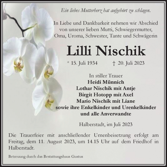 Traueranzeige von Lilli Nischik von Volksstimme Halberstadt