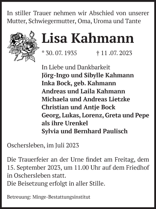 Traueranzeige von Lisa Kahmann von Volksstimme Oschersleben/Wanzleben
