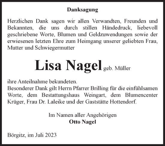 Traueranzeige von Lisa Nagel von Volksstimme Altmark Ost