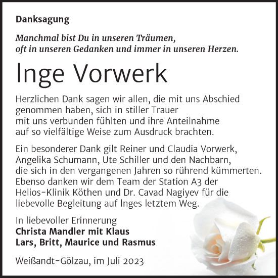 Traueranzeige von lnge Vorwerk von Trauerkombi Köthen