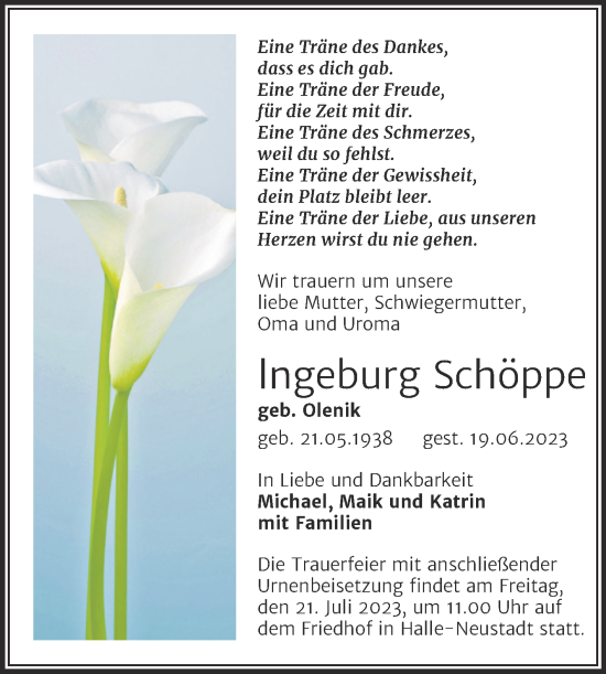 Traueranzeige von lngeburg Schöppe von Mitteldeutsche Zeitung Halle/Saalkreis