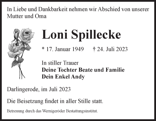 Traueranzeige von Loni Spillecke von Volksstimme Wernigerode
