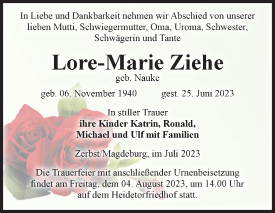 Traueranzeige von Lore-Marie Ziehe von Volksstimme Zerbst