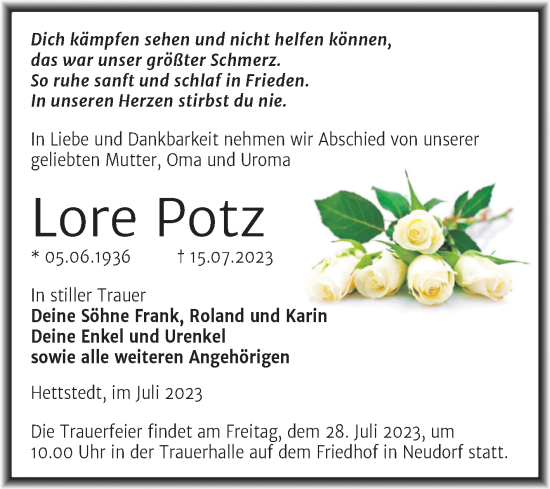 Traueranzeige von Lore Potz von Trauerkombi Mansfelder Land