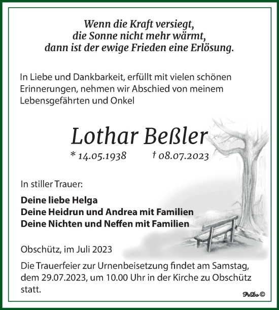 Traueranzeige von Lothar Beßler von Trauerkombi Weißenfels