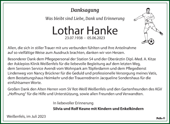 Traueranzeige von Lothar Hanke von Trauerkombi Weißenfels