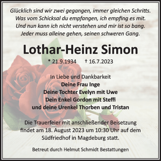 Traueranzeige von Lothar-Heinz Simon von Volksstimme Magdeburg