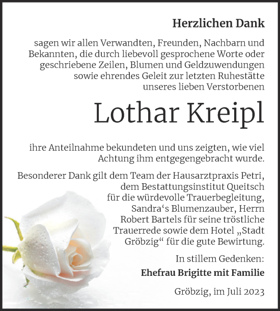 Traueranzeige von Lothar Kreipl von Trauerkombi Köthen