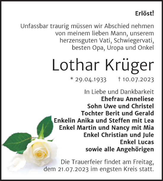 Traueranzeige von Lothar Krüger von Trauerkombi Bernburg