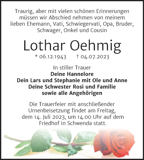 Traueranzeige von Lothar Oehmig von Trauerkombi Sangerhausen