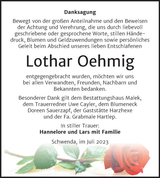 Traueranzeige von Lothar Oehmig von Trauerkombi Sangerhausen