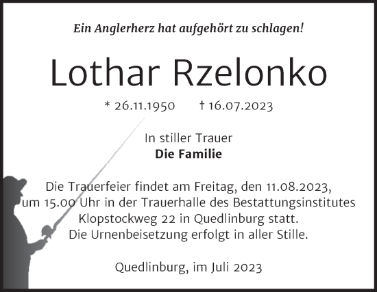 Traueranzeige von Lothar Rzelonko von Trauerkombi Quedlinburg