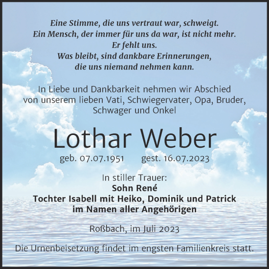 Traueranzeige von Lothar Weber von Trauerkombi Merseburg