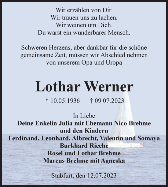 Traueranzeige von Lothar Werner von Volksstimme Staßfurt