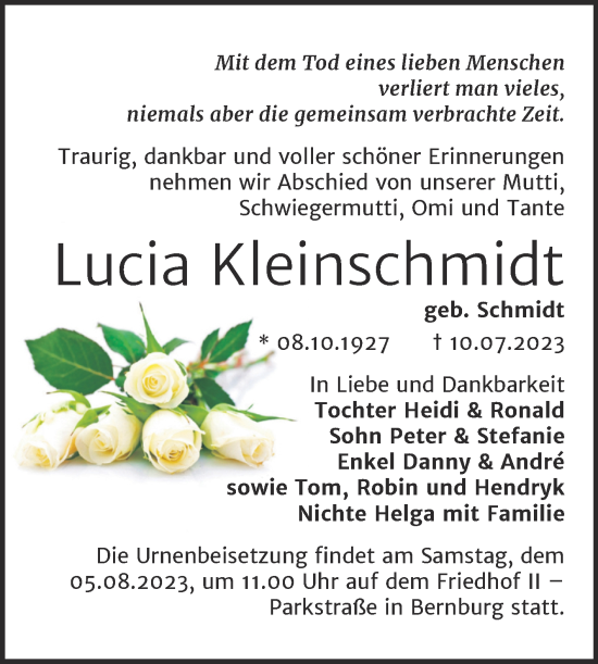 Traueranzeige von Lucia Kleinschmidt von Trauerkombi Bernburg
