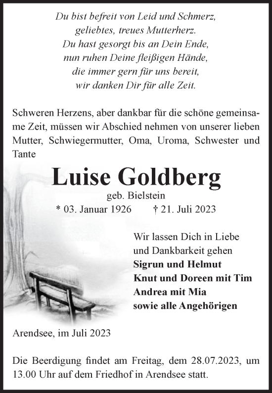 Traueranzeige von Luise Goldberg von Volksstimme Altmark West