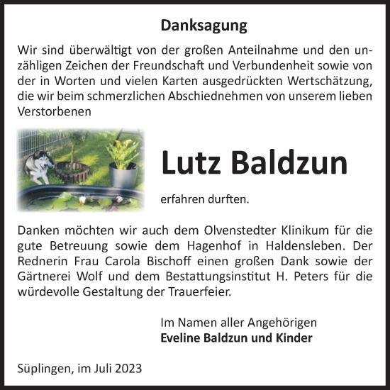 Traueranzeige von Lutz Baldzun von Volksstimme Haldensleben/Wolmirstedt