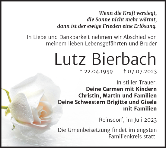 Traueranzeige von Lutz Bierbach von Trauerkombi Wittenberg
