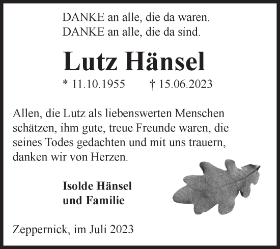 Traueranzeige von Lutz Hänsel von Volksstimme Zerbst