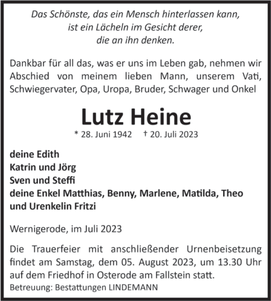 Traueranzeige von Lutz Heine von Volksstimme Halberstadt