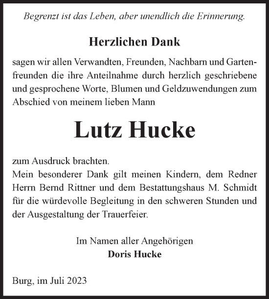 Traueranzeige von Lutz Hucke von Volksstimme Burg/Genthin