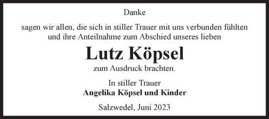 Traueranzeige von Lutz Köpsel von Volksstimme Altmark West