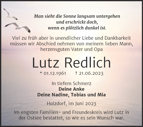 Traueranzeige von Lutz Redlich von Trauerkombi Wittenberg