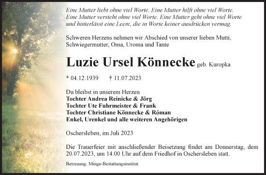 Traueranzeige von Luzie Ursel Könnecke von Volksstimme Oschersleben/Wanzleben