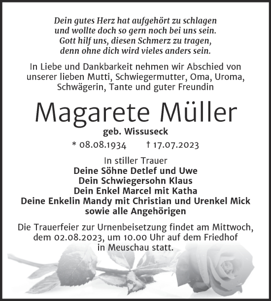 Traueranzeige von Magarete Müller von Trauerkombi Merseburg